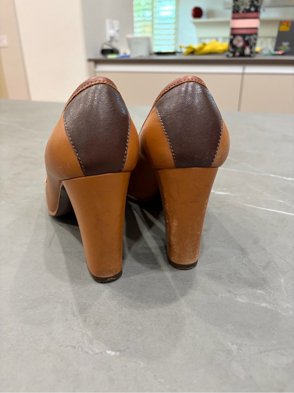 Salvatore Ferragamo Tan and Brown Leather Block Heel Pump - Picture 5 of 14